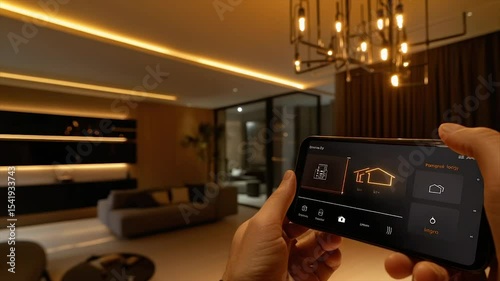 Smart home control via mobile app, showcasing ambient lighting and modern interior design