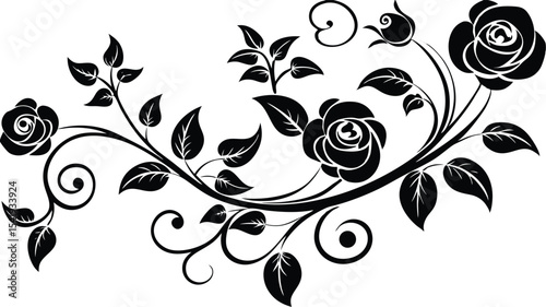 Elegant Black and White Floral Design with Roses Leaves and Swirls