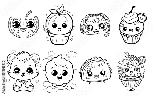 A blackandwhite collection of eight kawaiistyle food and animal illustrations