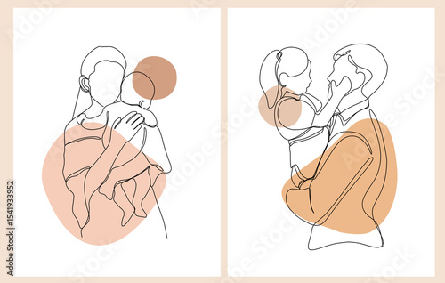 Happy Mother's Day and Father's Day. Set of minimalistic modern line art. Vector abstract illustration of mother, father, daughter and baby, hand, frame, border for greeting card, poster or flyer
