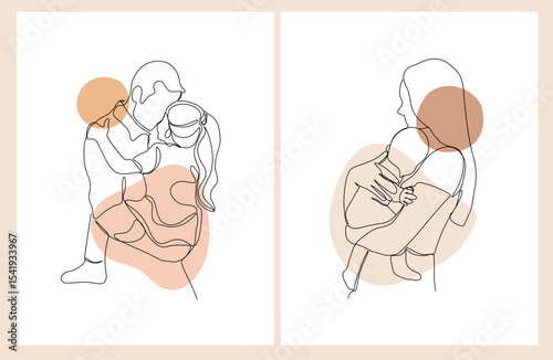 Happy Mother's Day and Father's Day. Set of minimalistic modern line art. Vector abstract illustration of mother, father, daughter and baby, hand, frame, border for greeting card, poster or flyer