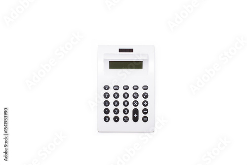 A white calculator with black buttons on a white background with copy space