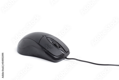 A black computer mouse with cable on a white background
