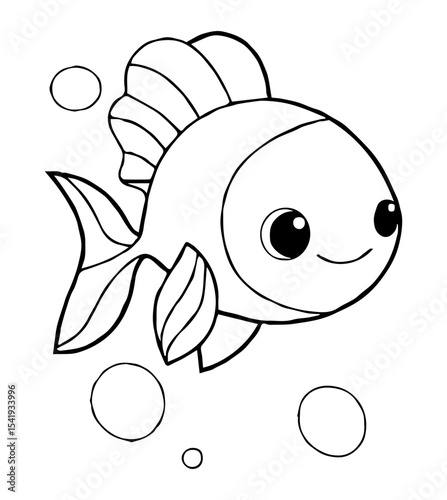 A blackandwhite drawing of a cute fish surrounded by bubbles