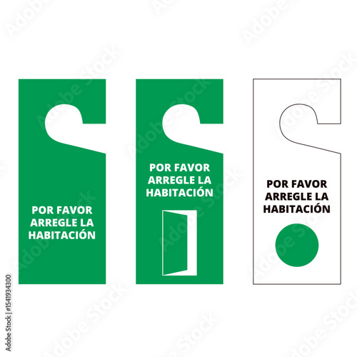 Green and white por favor arregle la habitacion hanger tags on a white background (trad. please make up the room door)