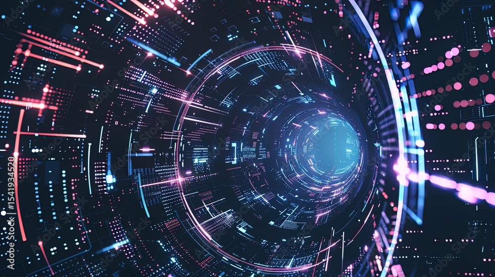 Obraz premium Dynamic C4D Cyberpunk Technology Background Design with Neon Holographic Interfaces, Mecha Components, Glitch Effects, and Dystopian Urban Landscapes – Incorporating Digital Grunge Textures, Futuristi
