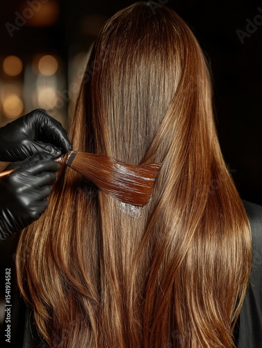 Hairdresser Applying Dye to Long Brown Hair: Back View, Black Gloves, Hair Coloring Process, Beauty Salon