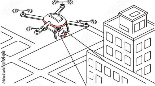 Drone flying over city streets and buildings capturing data with camera and sensors for surveillance use