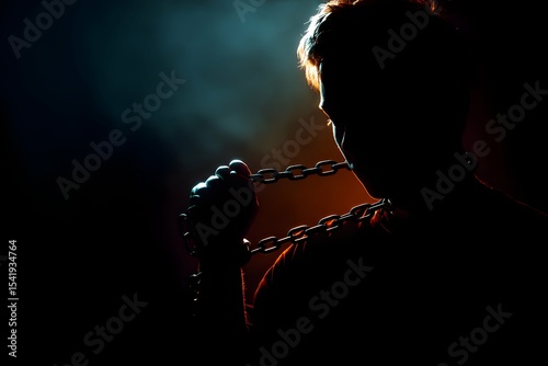 Under ominous shadows, a glowing chain evokes fear and helplessness.