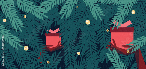 Merry Christmas and Happy New Year copy space greeting card, poster, web banner, holiday cover. Banner with christmas tree and hand hold present design in gold, red and green colors for ads and promo