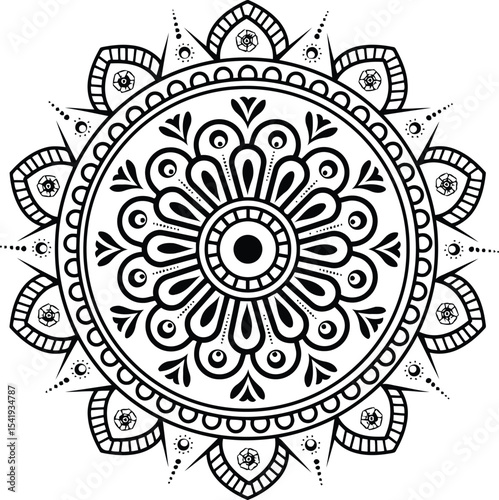A serene mandala design radiating peace and harmony promoting mindfulness in a chaotic world in simple black and white
