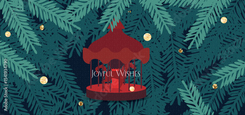 Merry Christmas and Happy New Year greeting card, poster, web banner, holiday cover. Banner with christmas tree and red toy carousel design in gold, red and green colors for ads and promo