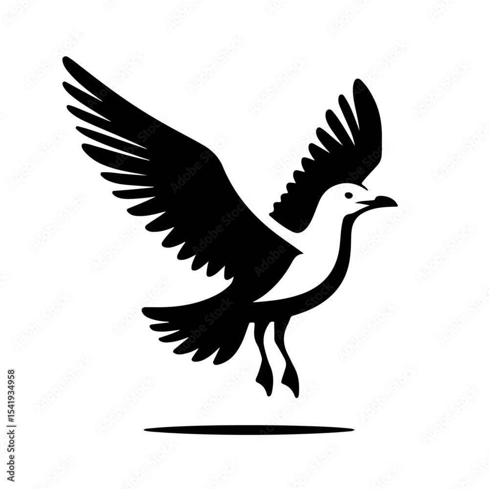 Obraz premium Seagull Silhouette Icon – Black Vector Bird with Raised Wings Standing in Profile on White Background