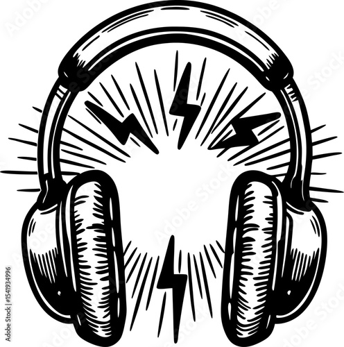 Headphones and lightning bolts illustration audio equipment, music listening, sound energy, hand drawn black and white art