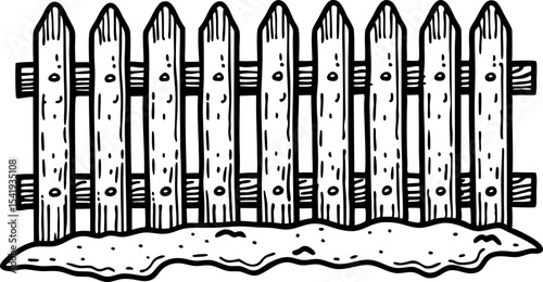 Wooden picket fence illustration hand drawn black and white rustic border design for gardens and yards