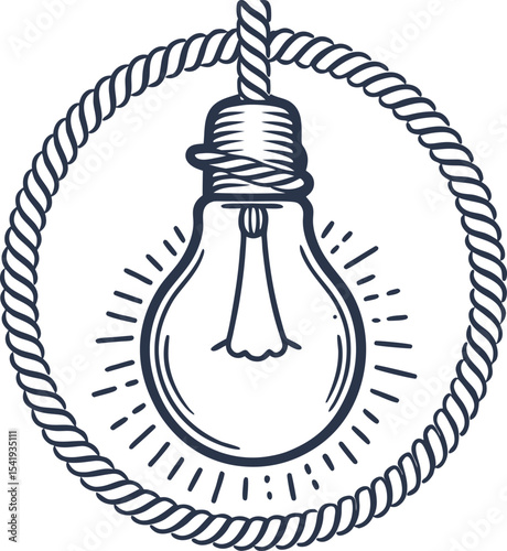 Vintage lightbulb inside knotted rope loop industrial bulb illustration, creative idea, energy, innovation symbol
