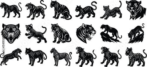 Big and Baby Tiger Silhouette, on white background.