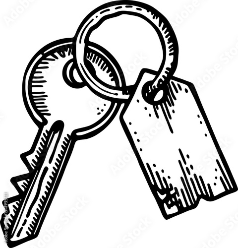 Vintage metal key and ring with blank tag hand drawn illustration, security and identification concept
