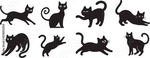 Eight black cat silhouettes in various poses