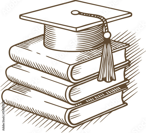 Graduation cap on stack of books, knowledge, learning, academic success, education achievement illustration