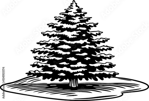 Evergreen pine tree illustration, monochrome silhouette of conifer with detailed branches and needles in winter landscape