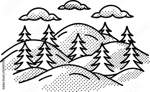 Hilly landscape with evergreen pine trees and dotted texture hand drawn black and white forest scenery illustration
