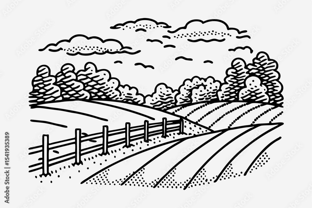 Naklejka premium Countryside landscape illustration with rolling fields, fence, clouds, and trees black and white rural scenery art
