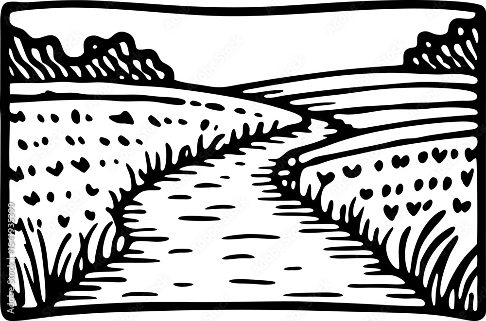 Fototapeta premium Winding country road through open fields and meadows, rural landscape with trees and natural scenery illustration