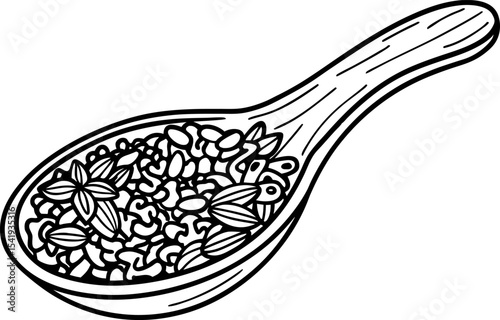 Wooden spoon filled with assorted mixed spices and seeds aromatic flavor ingredients for cooking and seasoning
