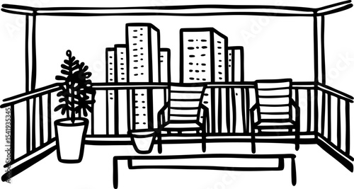City balcony with modern chairs and potted plant overlooking urban skyline minimalist line art illustration