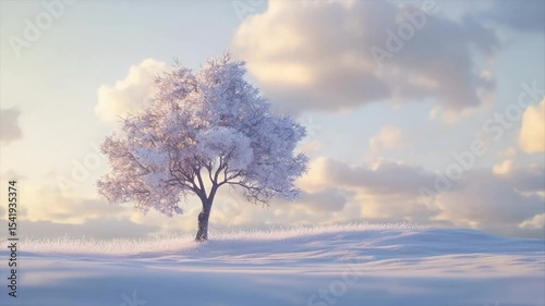 Solitary snow-covered tree on a gentle, snowy hill under a pastel sky