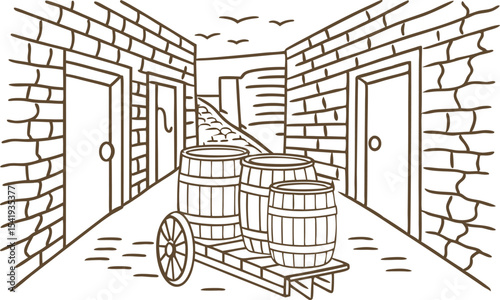 Wooden barrels on a handcart in an old alleyway ancient stone walls, historic street, minimalist line drawing