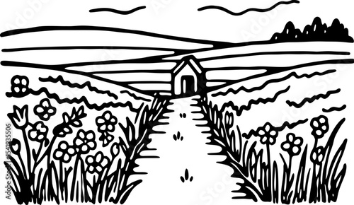 countryside landscape scene with rural house, path, rolling hills, wildflowers and distant trees, hand drawn illustration
