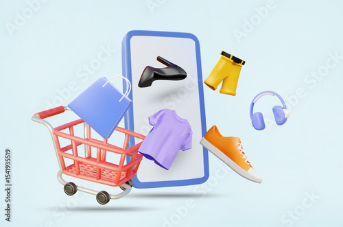 3D Vector Illustration Render Shopping Cart With Clothes, Pants, Shoes, Headphones And Shopping Bags Floating From Mobile Phone Screen. Fashion Online Shopping Concept. App. Variety Of Products.