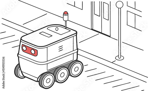 Illustration of an autonomous delivery robot traveling on a city street near a building and street light