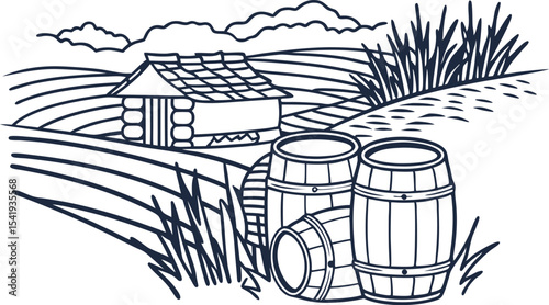 Rustic countryside landscape with wooden barrels, log cabin, grassy fields and rolling hills, rural farm scene