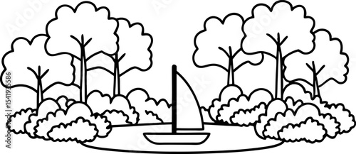Sailboat on calm lake surrounded by trees and bushes peaceful nature landscape, outline drawing illustration