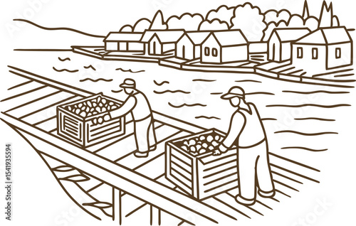 Workers sorting harvested apples in wooden crates near riverside village agriculture and rural farm labor concept