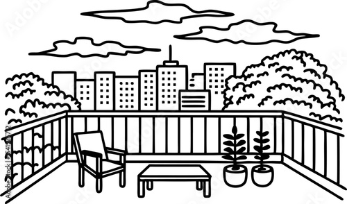 Modern rooftop terrace with city view, outdoor chair, table, and potted plants, lined trees, urban skyline