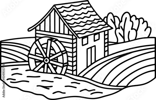 Traditional watermill by river and fields, rural countryside landscape outline, vintage old millhouse
