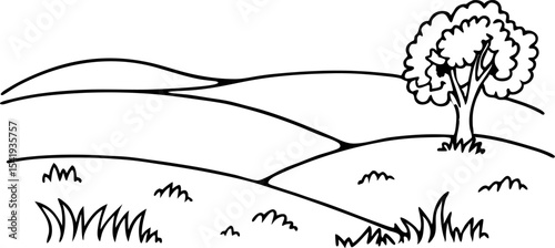 Simple countryside landscape outline with tree, rolling hills, and grass minimalistic rural scenery illustration