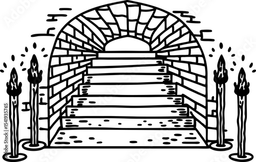 Ancient stone staircase descending into underground tunnel medieval bricks, torches lighting mysterious passageway