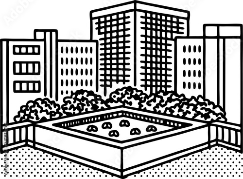 City park courtyard surrounded by tall modern buildings urban green space, trees, downtown architecture scene