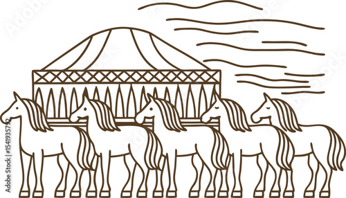 Traditional yurt with group of horses in line art nomadic culture, heritage animal husbandry concept