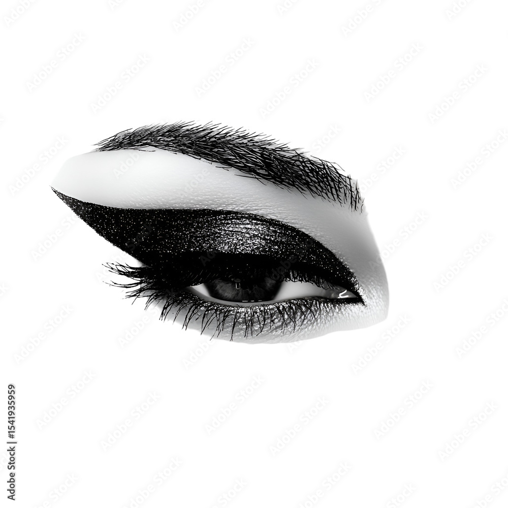 Fototapeta premium Dramatic Black and White Eye Makeup Look Intense Gaze Glitter Sparkle