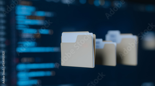 Digital Folders: A macro shot showcases an array of digital folders against a backdrop of coding, symbolizing data storage and the technological world.