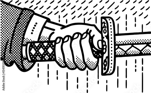 Hand gripping traditional ornate katana sword handle vintage comic style, bold black and white illustration
