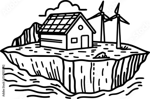 Eco friendly house with solar panels and wind turbines on floating island renewable energy, sustainable living concept