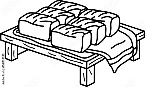 Freshly baked loaves of bread resting on wooden table, bakery goods, homemade food, rustic kitchen setting