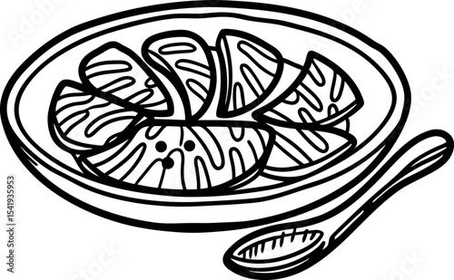 Hand drawn fruit slices in a plate with spoon simple black and white sketch, tropical food concept